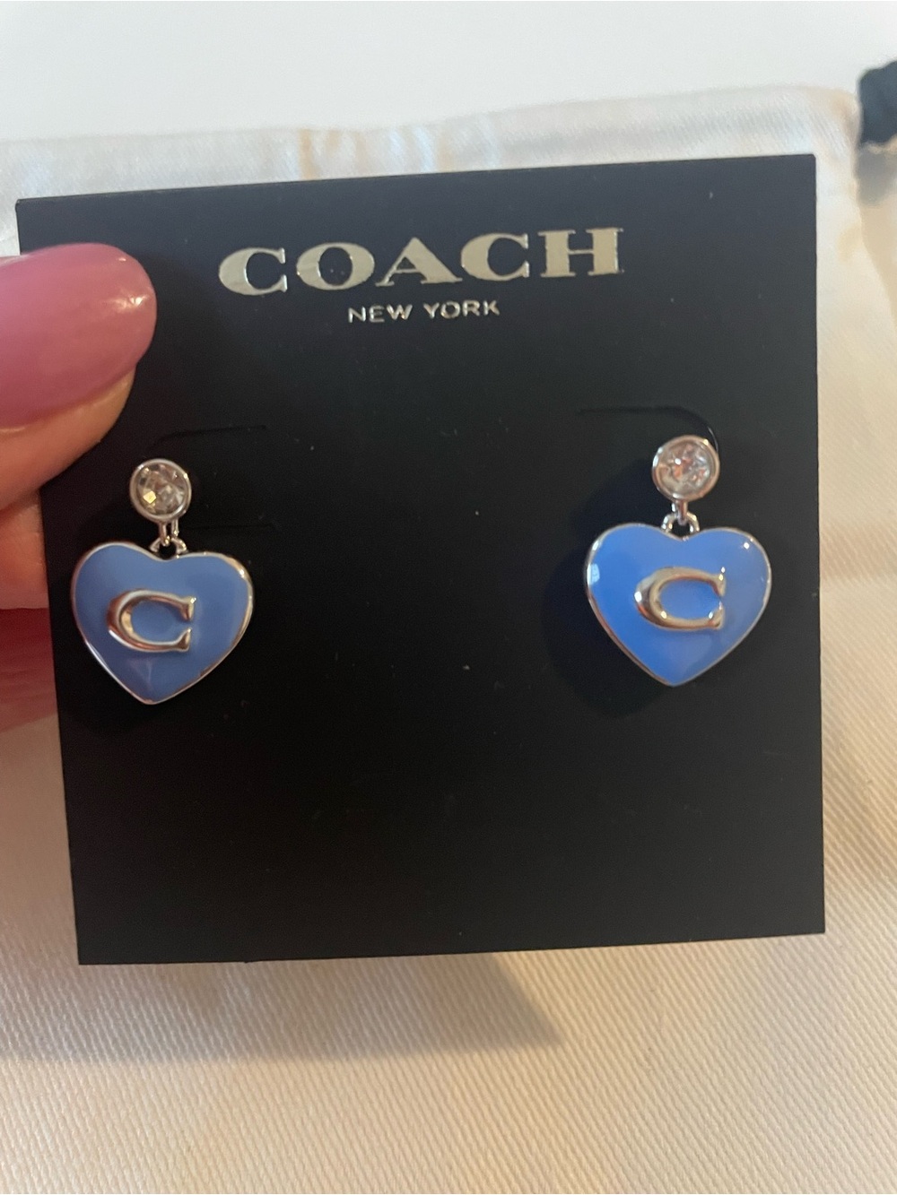 Coach Blue Heart Drop Earrings with Silver 'C' Accent